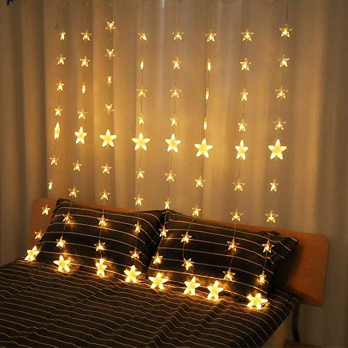 TOFU 80 Stars 144 LED Curtain String Lights, Window Curtain Lights with 8 Flashing Modes & Remote Control, Decoration for Christmas, Wedding, Party, Home, Bedroom, Patio Lawn, Warm White