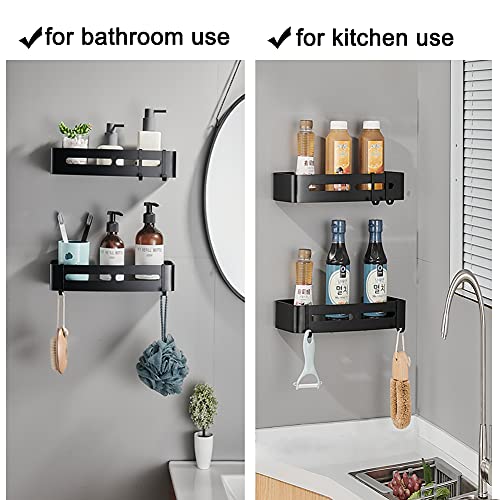 Yeegout No Drill Bathroom Shelves with Removable Hooks Aluminum Adhesive Shower Caddy Storage (Black Square)
