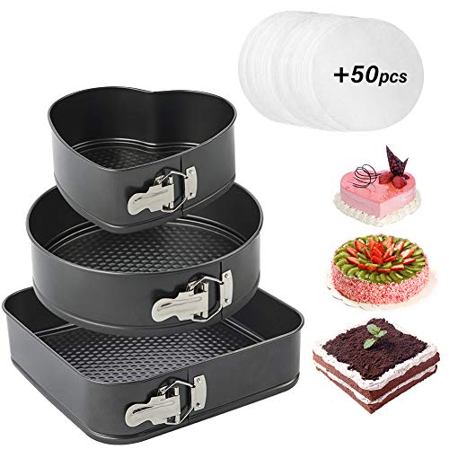 Turbo Bee Springform Pan Set, 3pcs Nonstick Cake Pan Set With 8.6" Heart-Shaped, 9.6" Round, 10" Square Cake Pan, Bakeware Cheesecake Pans with 50 PCS Parchment Paper Liners and Detachable Bottom