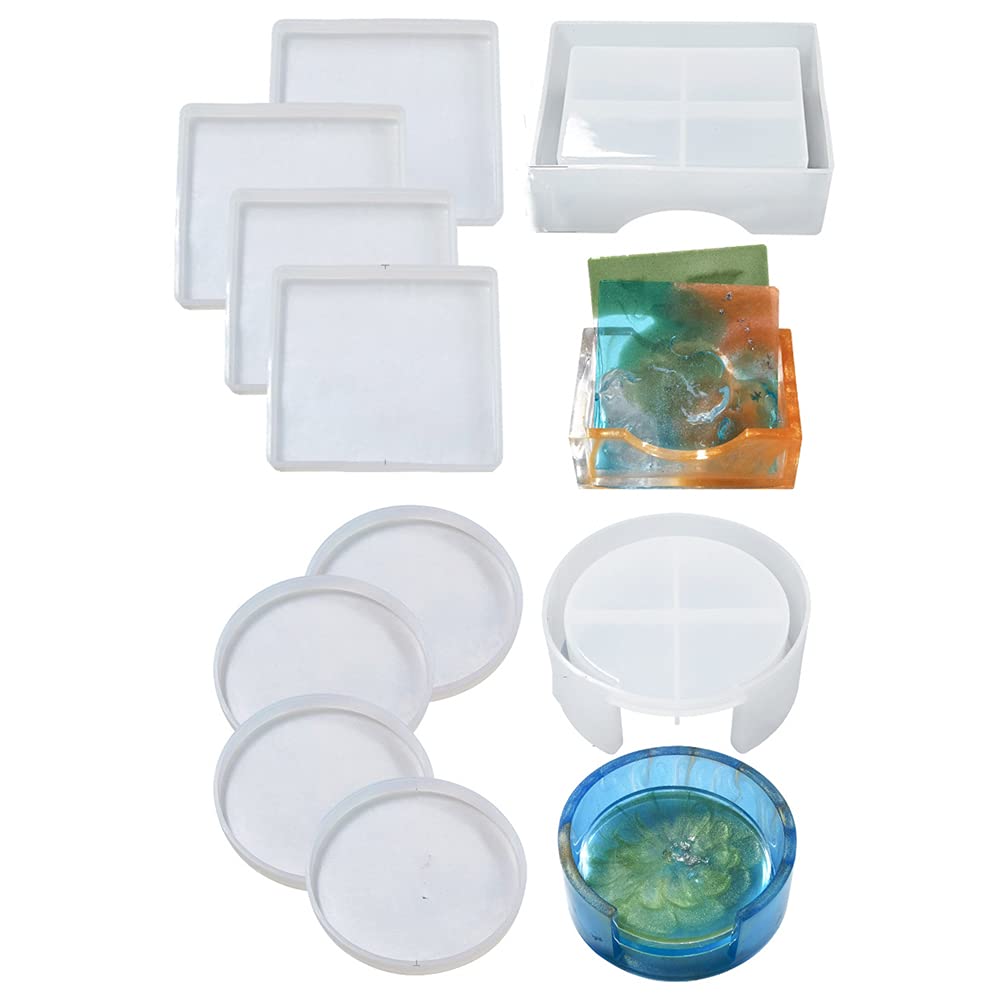 10 Pieces Coaster Resin Molds Set,Round Coaster Silicone Mold,Silicone Coaster Storage Box Mold in Rectangle Round Silicone Epoxy Casting Mold for DIY Art Craft Cup Mat