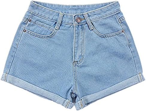 Happyyip Thrivqyaf Womens Summer Retro High Waisted Rolled Denim Jean Shorts With Pockets (US 10/Tag 32, Light Blue)