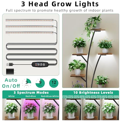 Kalrin 8-Tier Plant Stand Indoor with Grow Lights, 63" Tall Lighted Corner Plant Stands for Indoor Plants, Metal Plant Flower Display Shelves, Plant Shelf Plant Rack for Home, Living Room (Brown)