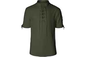 Teyujosem Men's Pirate Shirt Renaissance Medieval Viking Shirt Linen Short Sleeve Lace Up Top Halloween Costume