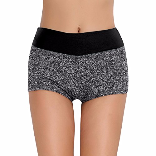 FEESHOW Women Athletic Mini Shorts with Inner Pockets for Yoga Sports Workout Gym Gray&Black Medium (waistline 25.0-36.0")