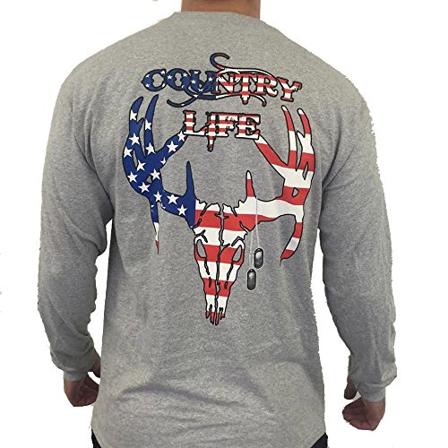 Country Life Patriotic American Flag Deer Skull Gray Long Sleeve Shirt (Large)