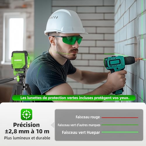 Niveau Laser Auto-nivelant avec 152cm Trépied, Huepar 30M Vert Croisée Laser à Ligne pour Accrochage de Tableaux, Rénovation de Maison, Projet d'Intérieur, Batterie et Sac de Transport