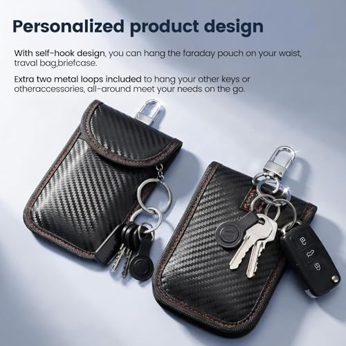 caslord Faraday Pouch for Car Keys, Pack of 2 Anti-Theft RFID Key Fob Protection Bag with 4 Pack Key Rings for Car Security, M, Red