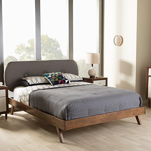 Baxton Studio Penelope Mid-Century Modern Solid Walnut Wood Grey Fabric Upholstered King Size Platform Bed