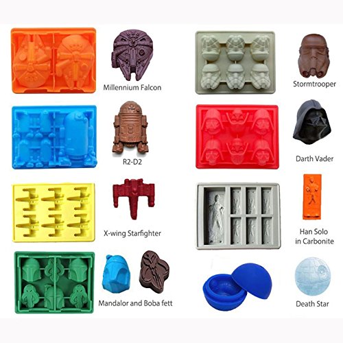Set of 8 Star Wars Silicone Ice Trays/Chocolate Molds: Stormtrooper, Darth Vader, X-Wing Fighter, Millennium Falcon, R2-D2, Han Solo, Boba Fett, and Death Star