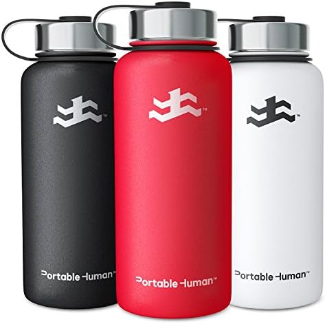 Portable Human 32oz Water Bottle - Wide Mouth - Vacuum Insulated 18/8 Stainless Steel - Powder Coated - Large Gym Hydro Sports Flask - (Red)