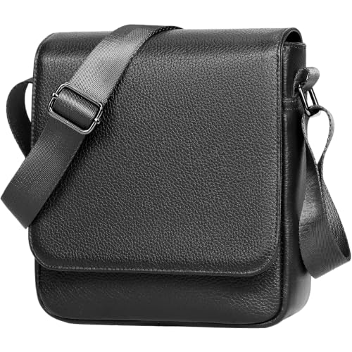 Eshow Genuine Leather Crossbody Bags for Men, RFID Blocking Anti-Theft Bag for Work University Business Travel and Urban Commuting, Black/White, Formal | Bolso Antirrobo para Trabajo Universidad Negocio Viajes y Desplazamientos Urbanos