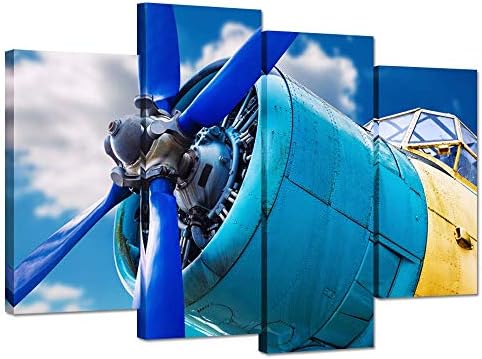 iHAPPYWALL Hello Artwork - 4 Piece Canvas Wall Art Blue Propeller and Engine of Vintage Airplane Over Sky Picture Print On Canvas Framed Ready to Hang for Home Wall Decoration