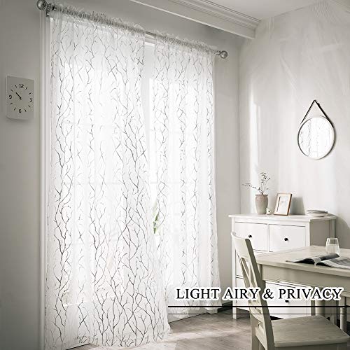 White Sheer Curtains 84 Inch Long Silver Foil Tree Branch White