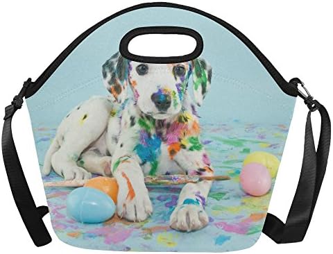 Artsadd Easter Dalmatain Puppy Neoprene Lunch Bag Reusable Lunch Box Lunch Tote Picnic Insulated Cooler Travel Bag