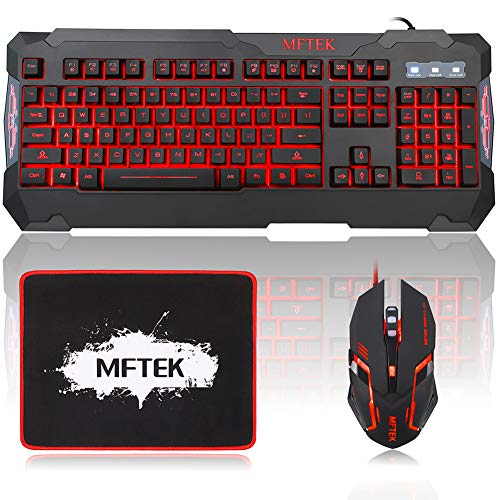 MFTEK Gaming Keyboard and Gaming Mouse Combo, USB Wired 104 Keys Keyboard, 3 Colors Red Blue Purple Backlit Gaming Keyboard, 6 Button Mouse + Mouse Pad for Computer PC Gamer Office - Thumbnail 7