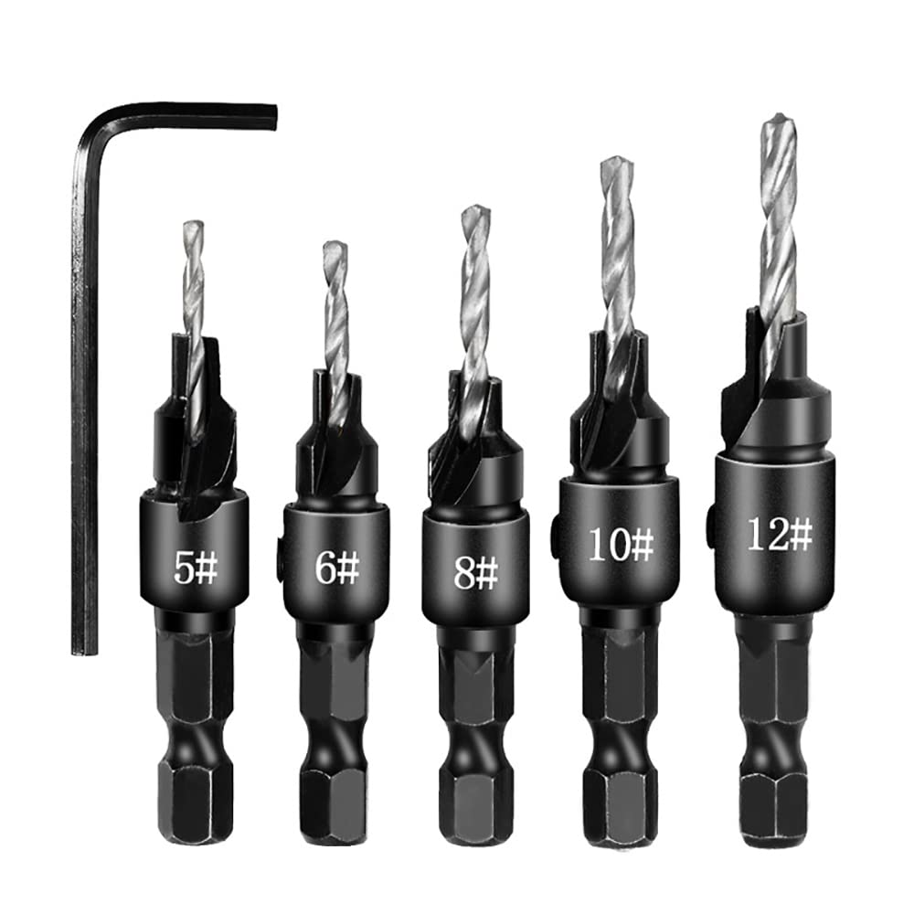 5 Pieces Quick Release Countersink Set, 1/4" Hex Shank Adjustable Drill Bits with One Hex Wrench for Quick Change, Wood, Hole Saw Drill Woodworking