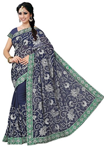 IndianAttire Navyblue Women s Sequin Embroidered Saree Sari Fabric - KeriSilver