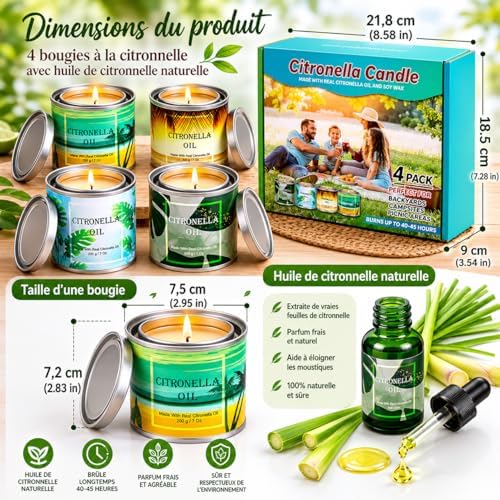 Bougies à la Citronnelle Dans des Boîtes de Bougies en cire pour Barbecue Camping Voyages Vacances Patio Intérieur Jardin Cuisine 4 Pièces