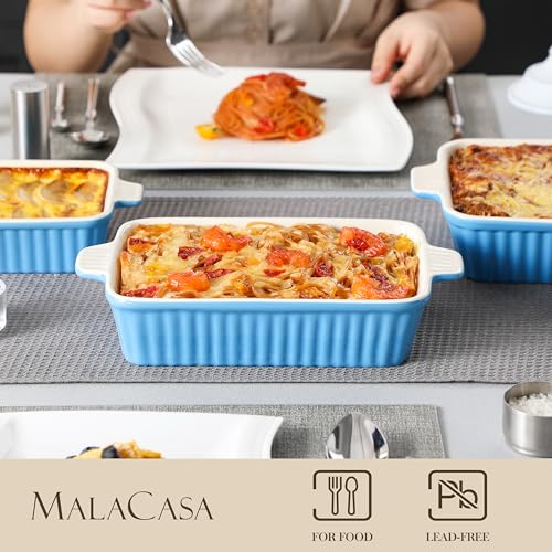 MALACASA Casserole Dishes for Oven, Porcelain Baking Dishes, Ceramic Bakeware Sets of 4, Rectangular Lasagna Pans Deep with Handles for Baking Cake Kitchen, Blue (9.4"/11.1"/12.2"/14.7"), Series