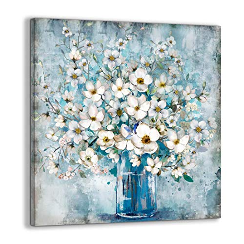 Bedroom Decor Canvas Wall Art Framed Wall Decoration Modern Gallery Wall Decor Print White Flower in Blue Bottle Theme…