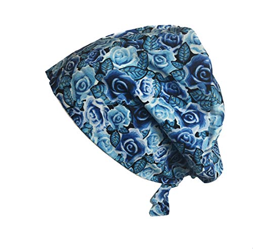 Women's Front Fold Tie Back Scrub Cap Surgical Cap Blue Roses