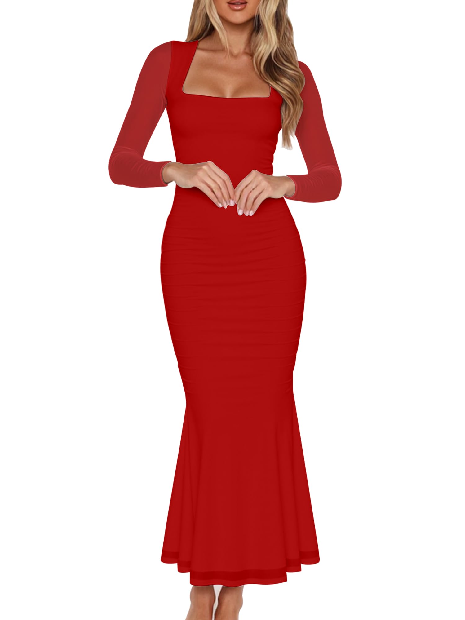 Photo 1 of BORIFLORS Women's Ruched Bodycon Long Sleeve Maxi Dress Mesh Square Neck Cocktail Party Long Dresses, X-Large, Red