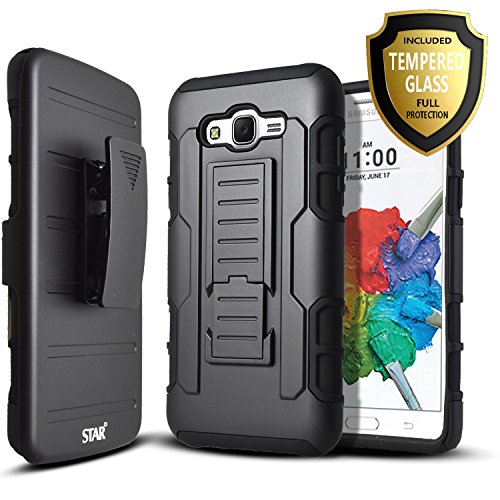 Galaxy Core Prime Case, Samsung Galaxy Core Prime Case, Starshop [Heavy Duty] Dual Layers Kickstand Case With [0.33m 9H Tempered Glass Screen Protector Included] and Locking Belt Clip (Black)