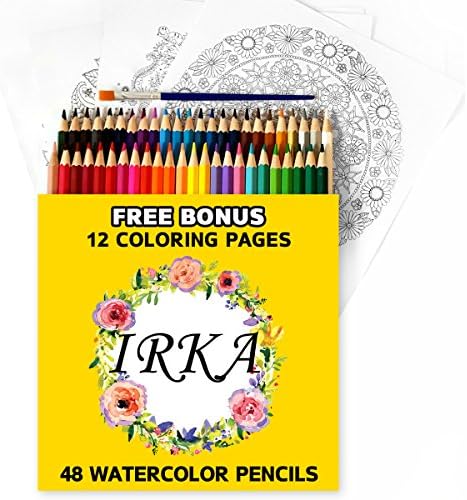 IRKA Premium Watercolor Colored Drawing &amp; Sketching Pencils for Art Students &amp; Professionals 0.7 mm, 48 Pack - Free Bonus 12 Mandalas Coloring Pages &amp; Paintbrush - Assorted Colors for Kids &amp; Adults