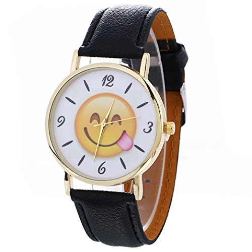 Neutral Cute Emoji Fashion Leather Quartz Wrist Watch ,Tuscom (Black)