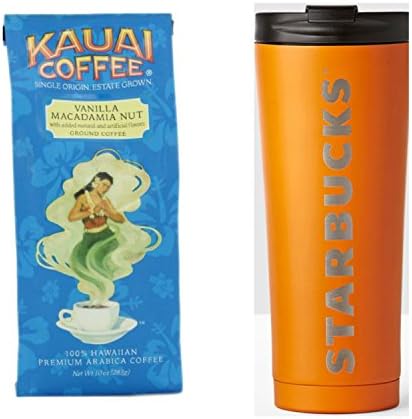 Kauai Coffee Vanilla Macadamia Nut medium roast ground coffee from Kauai Coffee Company, Plus 1 Starbucks Orange Colored 10 oz Traveler Mug