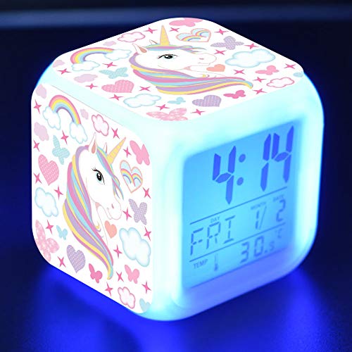 RJMAC kids Digital Alarm Clock Night Light, Wake Alarm ClockKids, 7 Colors LED Night Glowing Cube Kids Digital Clock Color Luminous Bedside ClocksGirls Bedroom Display Time,Temperature & Date