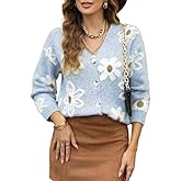 Dokotoo Cardigan Sweaters for Women Open Front Long Sleeve Button Down V-Neck Knit Floral Sweater