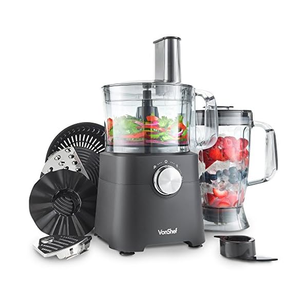 VonShef-Food-Processor--750W-Multifunctional-8in1-Chopper-Knead-Dough-Blender-Citrus-Juicer-Shredder-Slicer-Emulsifier-Grater--Features-2-Speeds-Pulse-Controls-2L-Mixing-Bowl-18L-Jug VonShef Food Processor – 750W Multifunctional 8in1 Chopper, Knead Dough, Blender, Citrus Juicer, Shredder, Slicer…