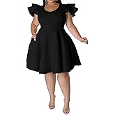 IyMoo Women's Plus Size Cape Flutter Sleeve Stretchy A Line Swing Flared Skater Cocktail Party Dress with Pockets