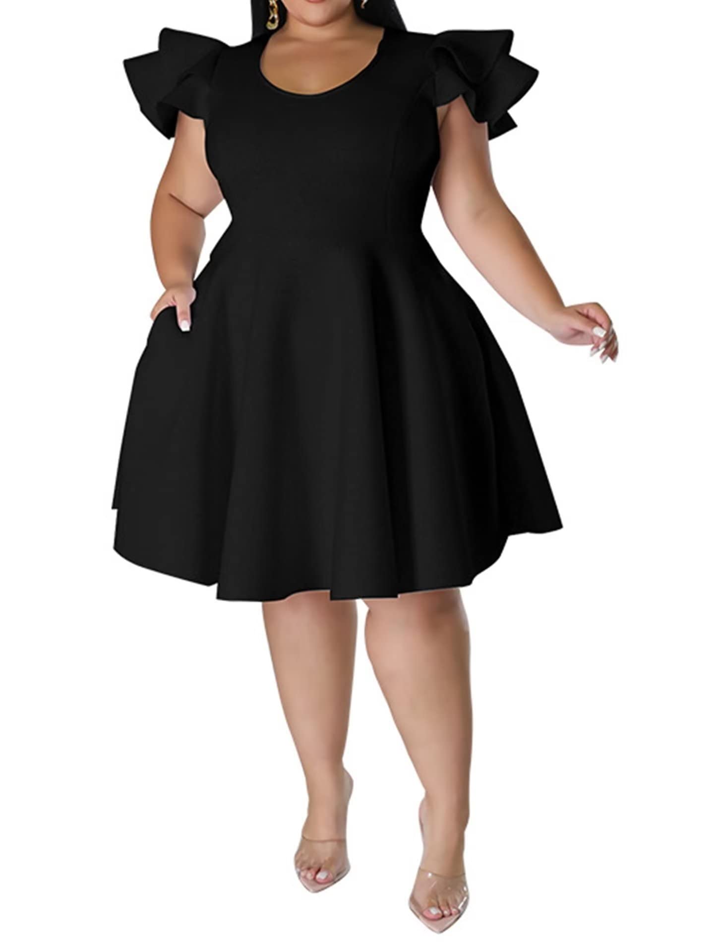 Photo 1 of Women's Plus Size Elegant Cape Ruffle Sleeve Mini Cape Dress Plain with Pocket Black 1X