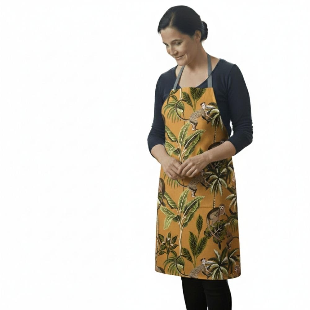 Jolee... Fabrics Wipe Clean PVC Coated Aprons - 100% Cotton Oilcloth - One Size - Easy to Clean and Splash Proof Apron (Ochre Yellow Monkeys, Adult (75cm Length))