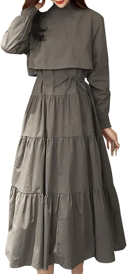 Amazon Co Jp ニーマンバイ ティアード ロング ワンピース セットアップ 風 2way 長袖 ワンピ ドレス レディース M Xl 服 ファッション小物
