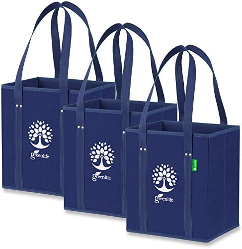 Reusable Grocery Shopping Box Bags (3 Pack - Navy Blue), Premium Quality Heavy Duty Tote Bags with Extra Long Handles &amp; Reinforced Bottom. Foldable, Collapsible, Durable &amp; Eco Friendly