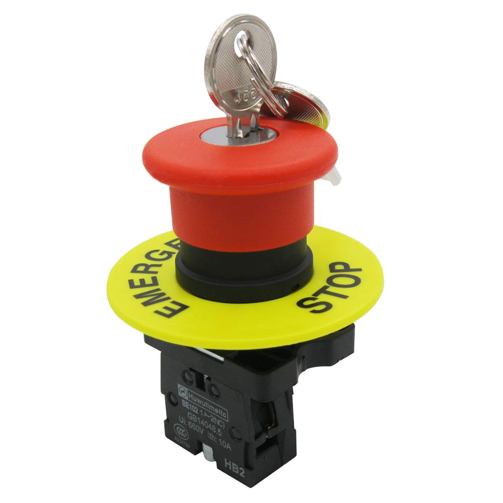 mxuteuk 1NC Red Mushroom Switch AC 660V 10A 22mm Red Mushroom Emergency Stop Push Button Switch Key Reset with Emergency Stop Sign ,HB2-ES142