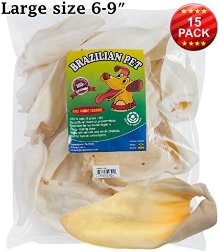 100% Natural large size 6 - 9 inches Cow Ear Prime Thick-cut, 15 Pack, Dog Chews by Brazilian Pet, Free Range Grass Fed Cattle, No additives, Chemicals or Hormones