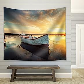 Boat on Lake with a Reflection in The Water at Sunset - Fabric Wall Tapestry Home Decor - 51x60 inches