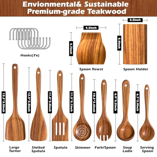 CENXI Wooden Cooking Spoons, Cooking Utensils 9 pcs, Natural Teak Wooden Cooking Spatulas, with Utensils Holder and 7Hooks, Comfort Grip Wooden Kitchen Utensils for Nonstick Cookware (9pcs&hook)