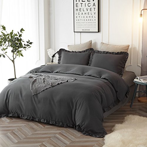 Hyprest Queen Duvet Cover Set Lightweight Soft Solid Color 3PC Bedding Set with Exquisite Flouncing Dark grey