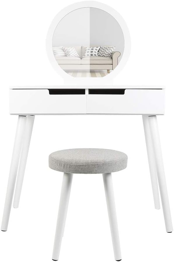 Dressing Table,cosmetic dressing table, Makeup Table with Mirror and 2 drawers,1 stool,modern design (White)