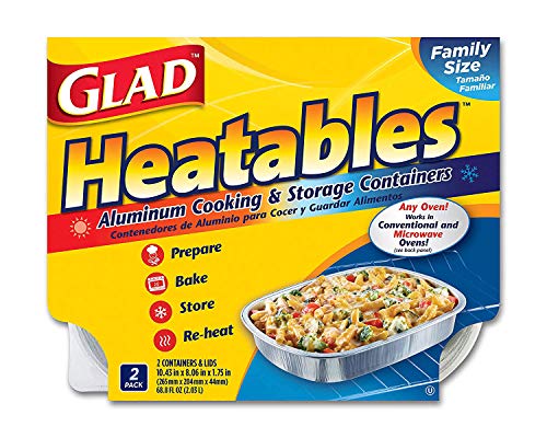 Glad Heatables with Lids, Reusable Aluminum Cooking & Storage Containers, Conventional & Microwave Oven Safe, Dishwasher Safe, Large, Pack of 2