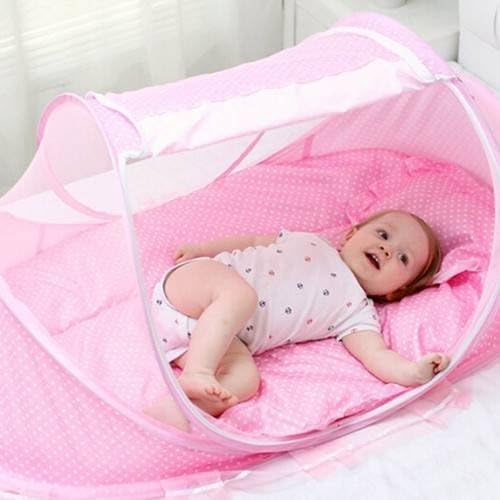 5pcs/Set Baby Crib Sets Portable Folding Infant Pad With Sealed Mosquito Net Baby Bedding (pink)