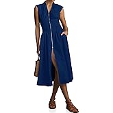 Wenrine Womens Summer Smocked Midi Dress Casual Zipper V Neck Cap Sleeve High Slit Flowy Long Dresses