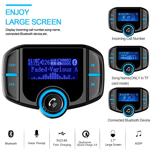 [Upgraded 2019] Bluetooth FM Transmitter for Car with QC 3.0, LUMAND Wireless Radio Adapter Hands Free Car Kit w/1.7 Inch Display and Dual USB Car Charger Support Power Off, AUX Output, TF Card Slot - Thumbnail 2