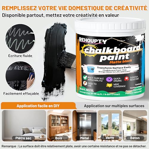 Chalkboard Paint – Black Slate Paint for Matt Black Chalk, 1L Interior DIY Acrylic Coating, Slate Coating for Wood, Metal, Furniture, Wall, Craft Covers 6-8㎡