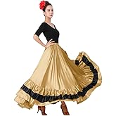 SANCAN Women's Gold Long Mexican Folkloric Flamenco Dance Skirt with Ruffles for Party Class Performance Full Dancing Circle